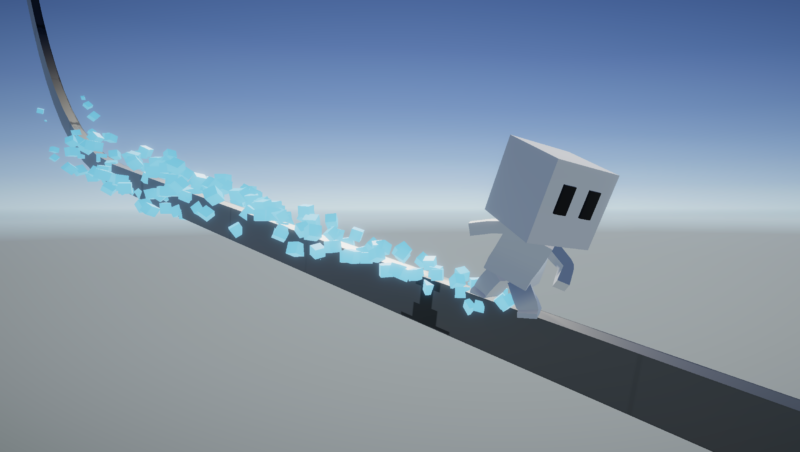 A chibi character riding on a rail with blue sparks trailing behind